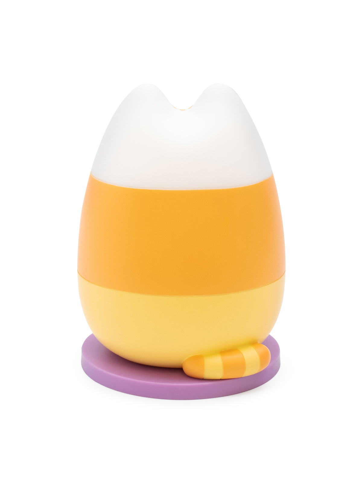 A cute figure designed like a cat's feet, featuring a white top, a yellow middle, and a light yellow bottom, sitting on a purple circular base with a small striped tail detail.