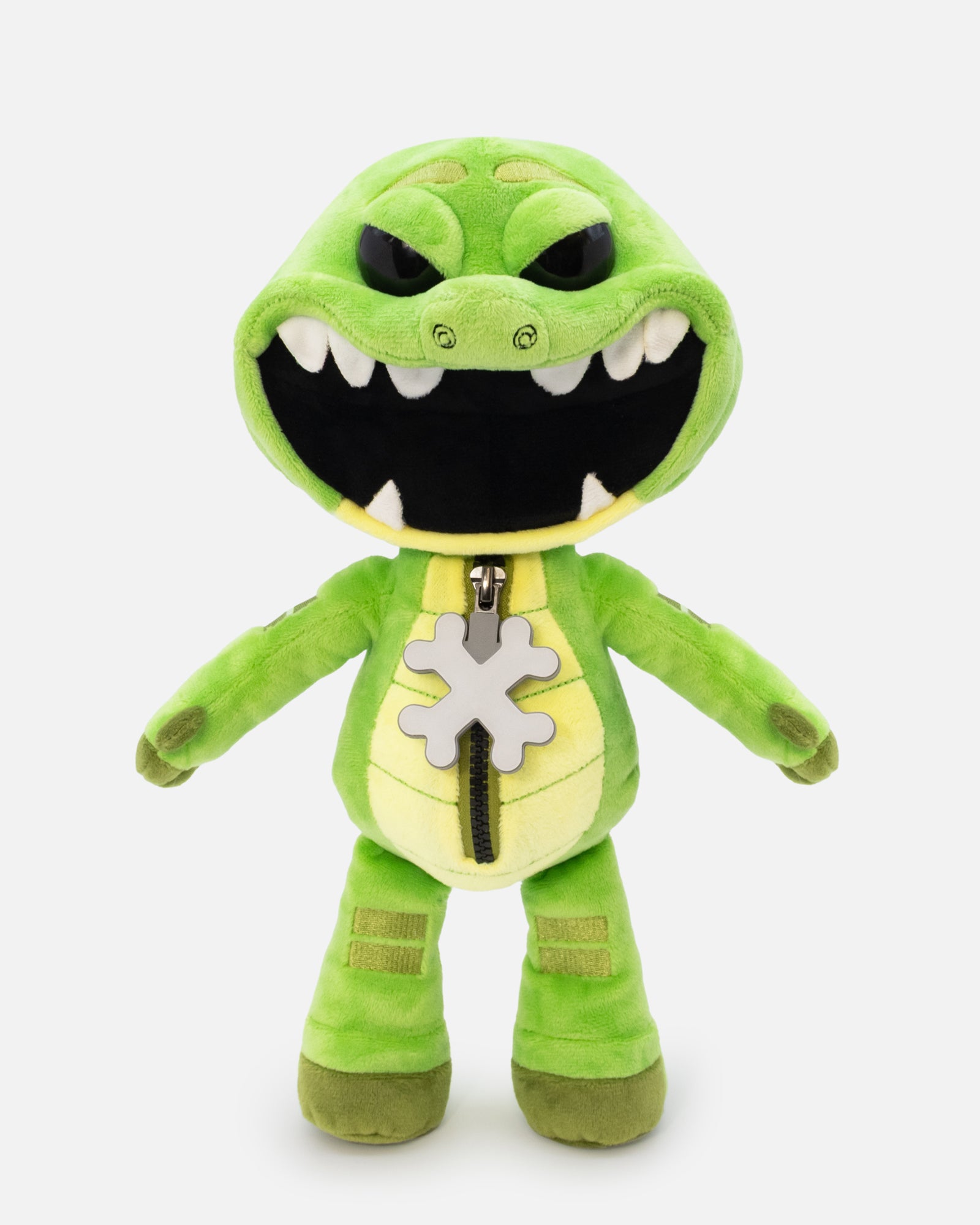 Green plush toy with a zipper on a white background