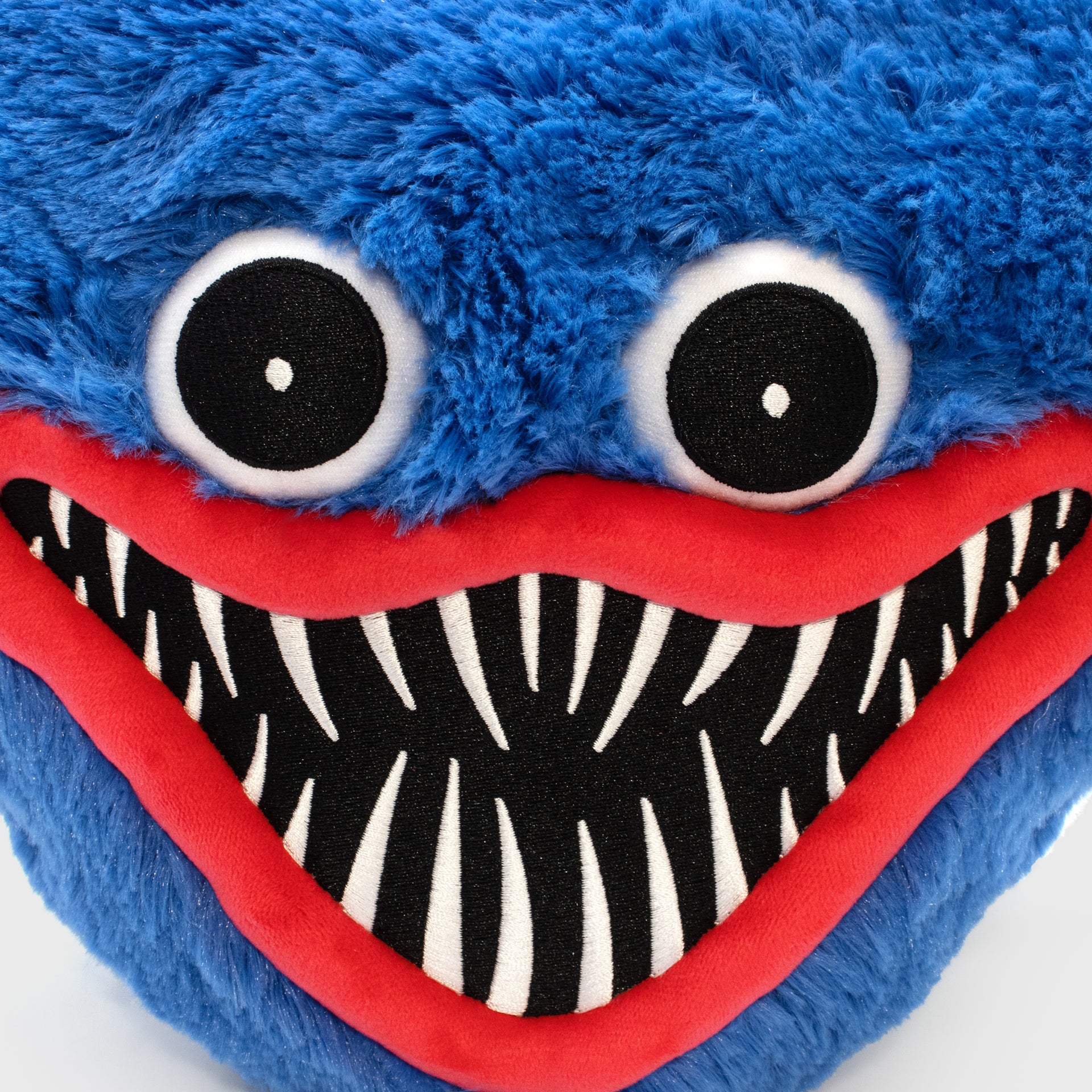 scary huggy wuggy poppy playtime pillow plush close up of face