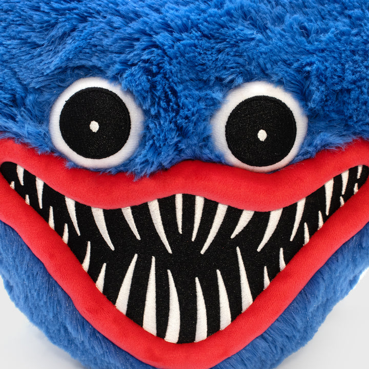 scary huggy wuggy poppy playtime pillow plush close up of face