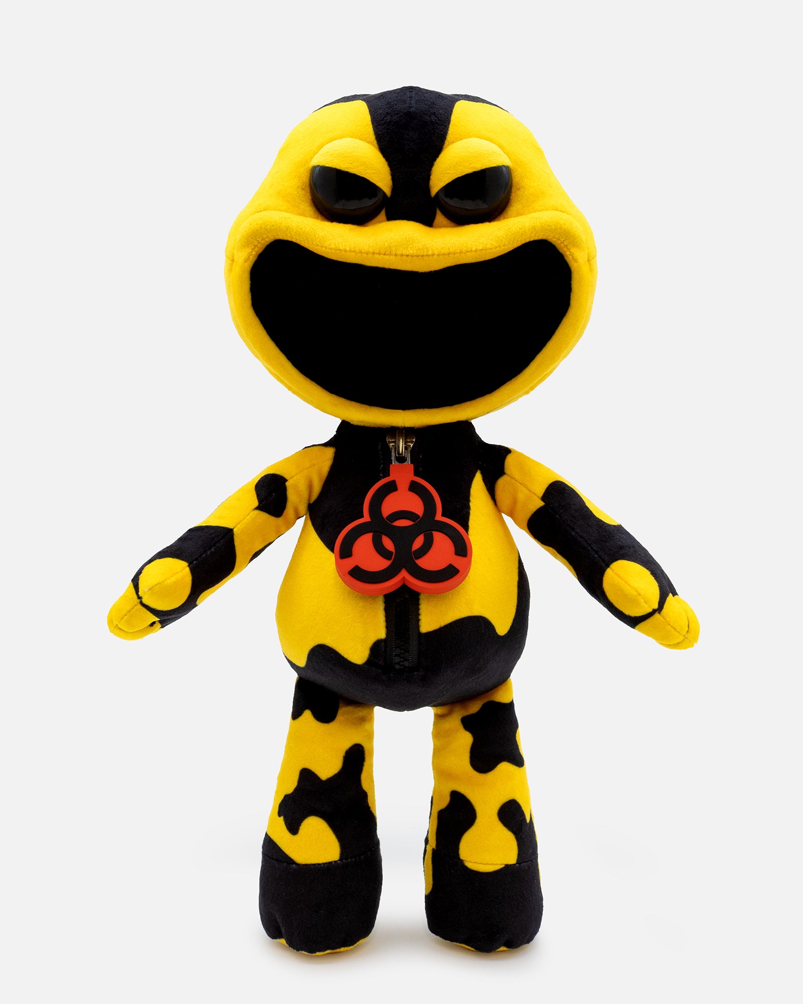 Yellow and black plush toy with biohazard symbol on a white background