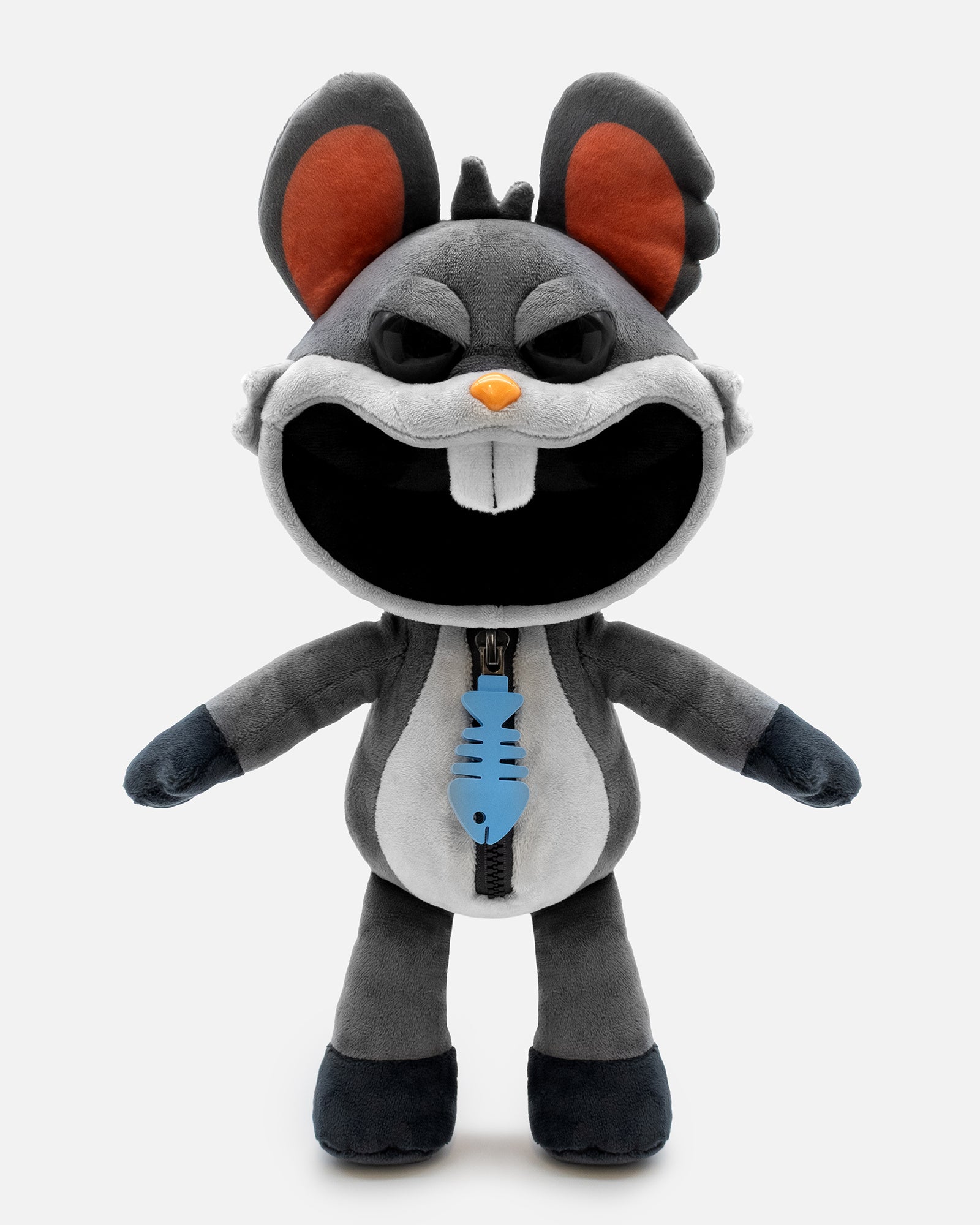 Plush toy resembling a character with gray fur, orange ears, and a black nose on a white background.