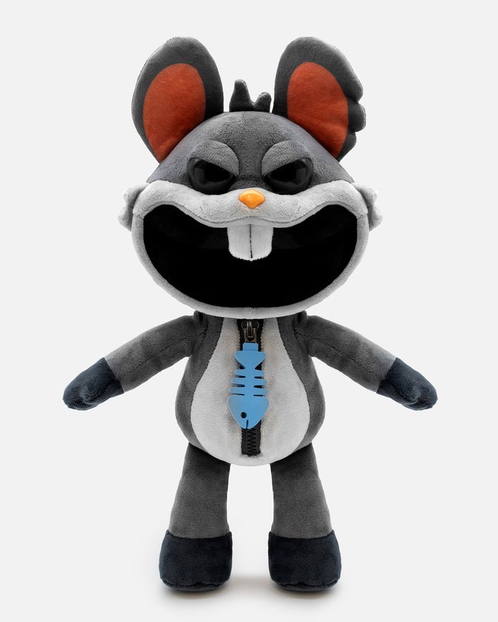 Plush toy resembling a character with gray fur, orange ears, and a black nose on a white background.