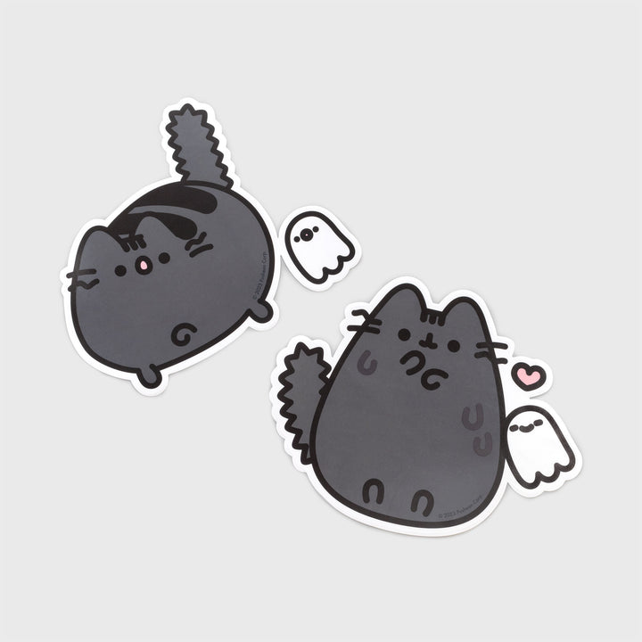 scaredy cat pusheen window decals. one with scaredy cat pusheen scared of ghost. one with scaredy cat pusheen friends with ghost with heart.