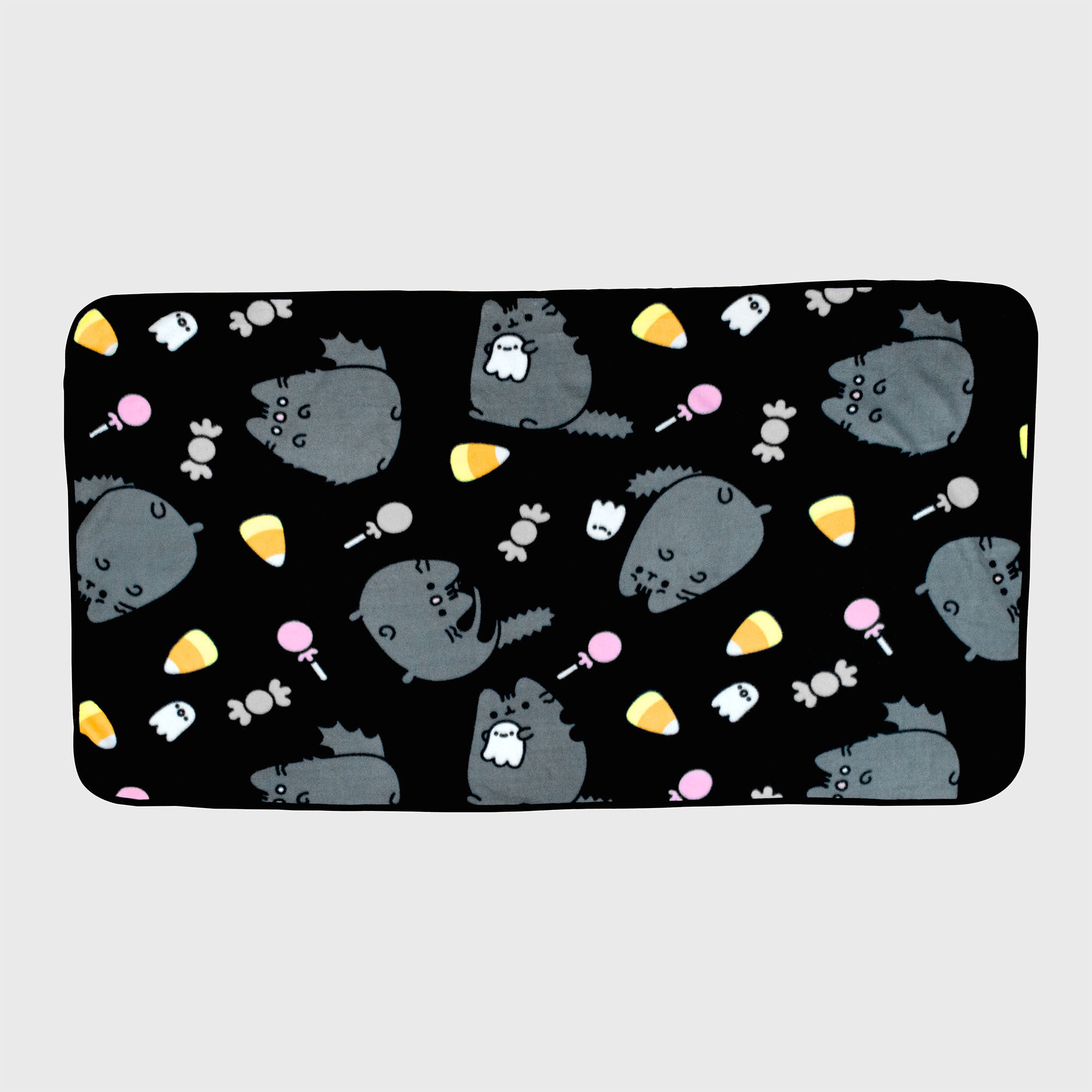 scaredy cat pusheen throw blanket. repeating pattern of scaredy pusheen, ghost, candy corn, candy, lollipop