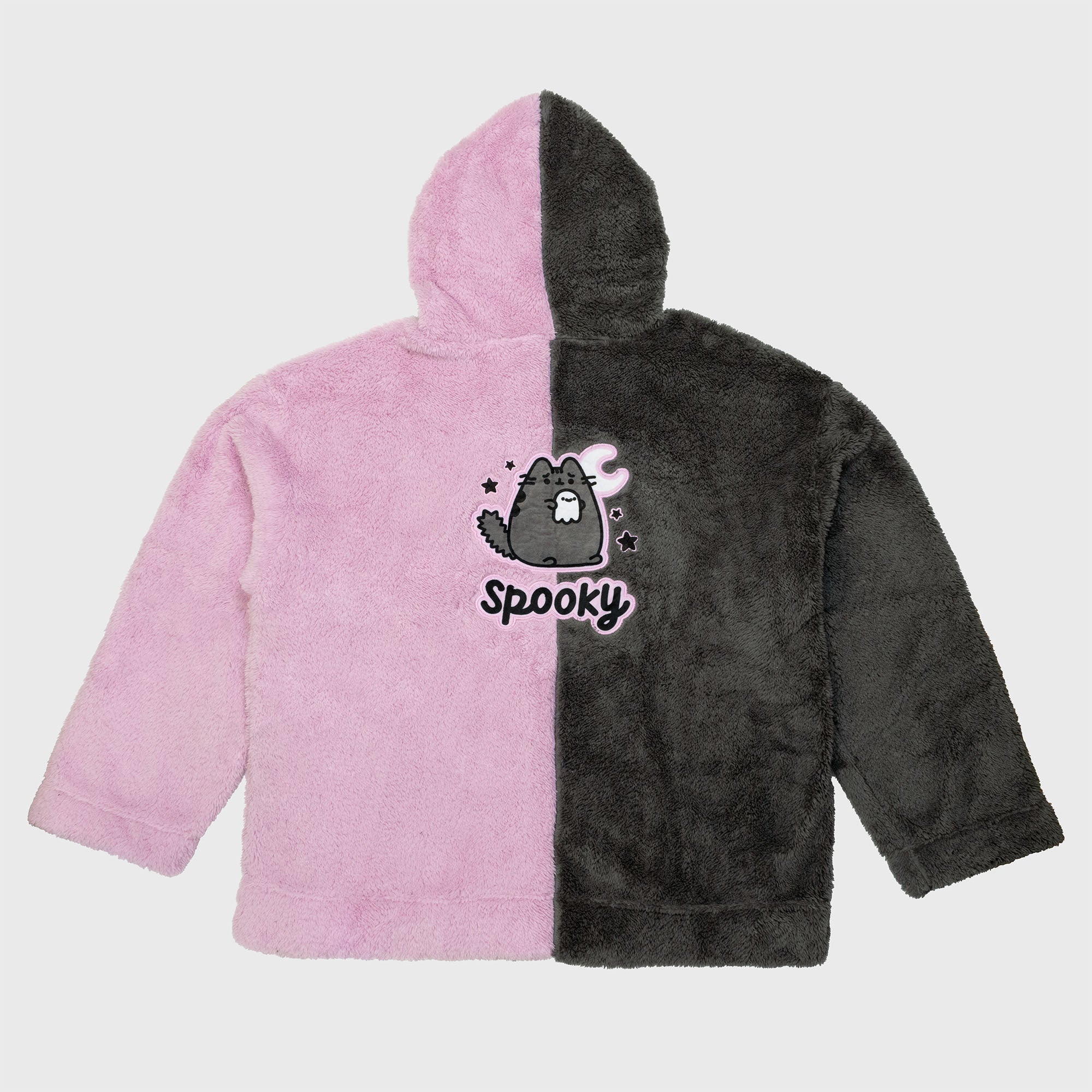 pusheen split color hoodie back. scaredy cat pusheen holding ghost with moon and stars. text: spooky