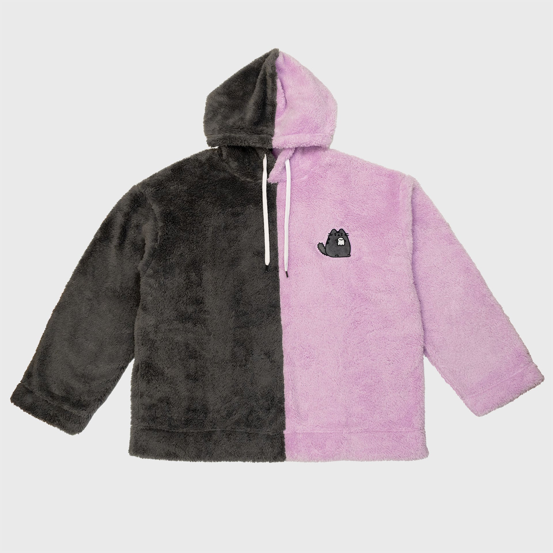 pusheen split color hoodie front. scaredy cat pusheen holding ghost on front left pocket.