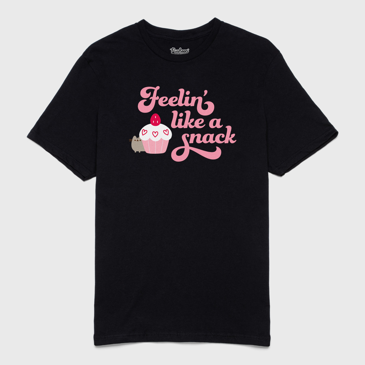 pusheen "feeling like a snack" yee. image: pusheen hiding behind a cupcake. text: feelin' like a snack.