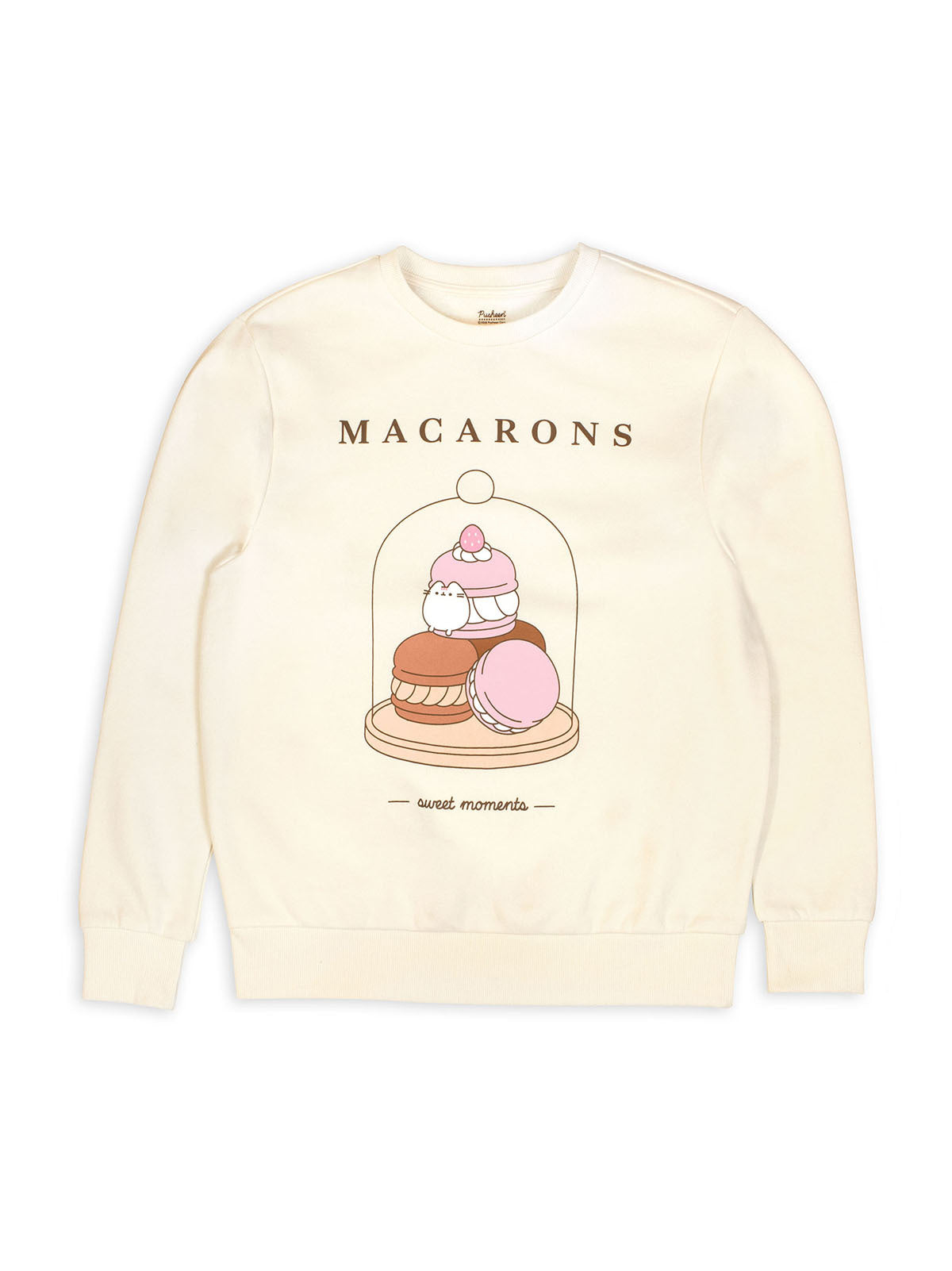 Beige sweatshirt with a graphic of macarons and 'Macarons' text on a white background