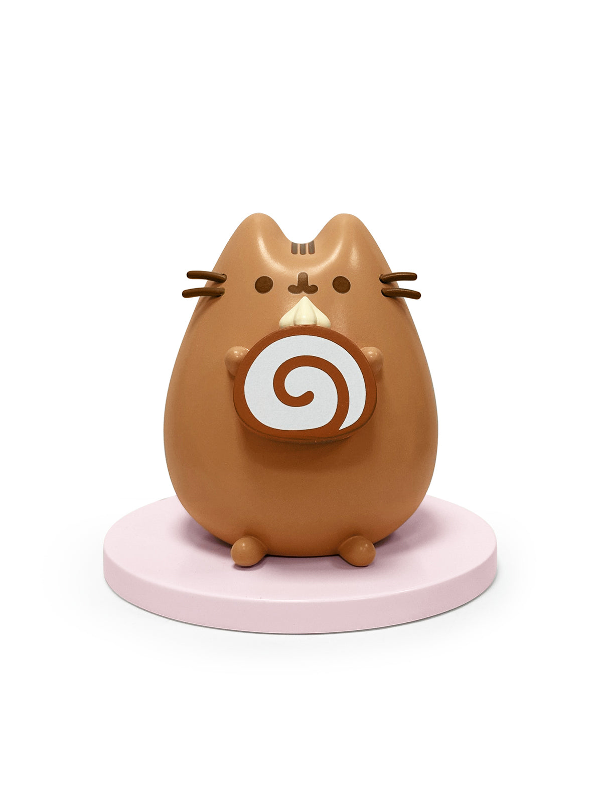 Brown cat-shaped figure with a white spiral design on a pink base against a white background