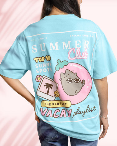 pusheen box tshirt. text: summer club top 10 sunny spots the perfect vacay playlist. image: pusheen laying on pool float