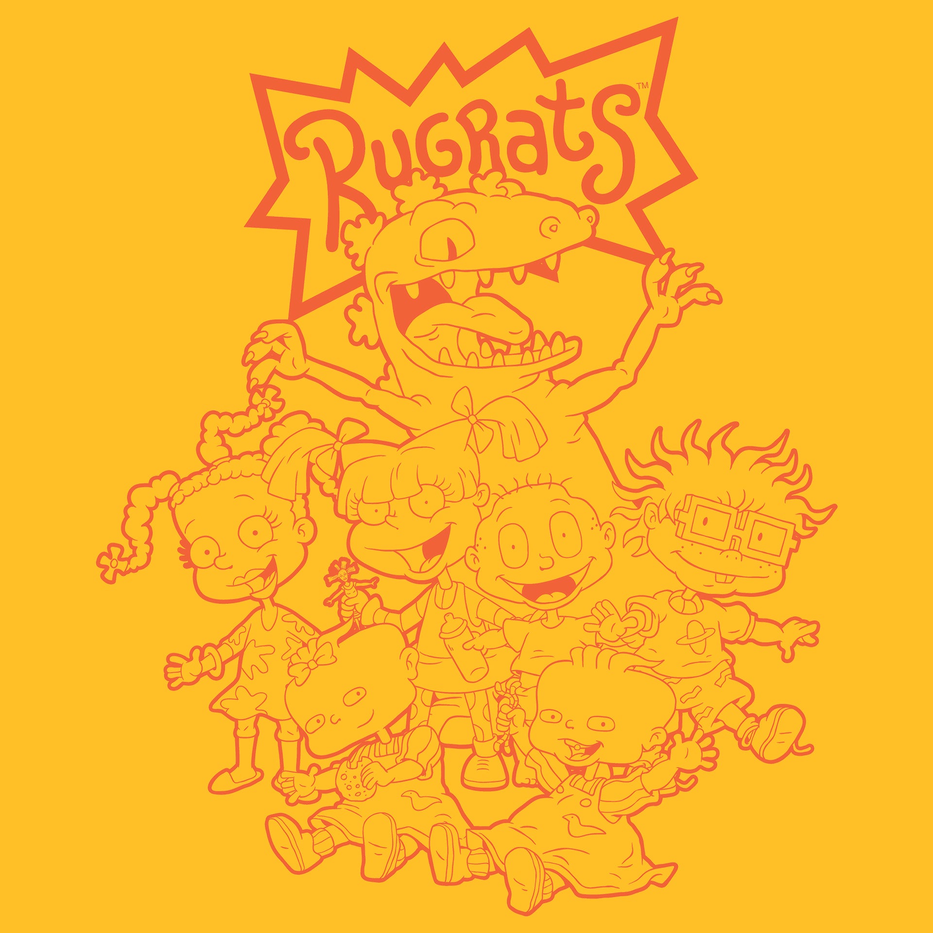 image on shirt: reptar behind all the rugrats babies. susie, angelica, tommy, chuckie, lil, phil. rugrats logo behind them. text: nickelodeon rugrats