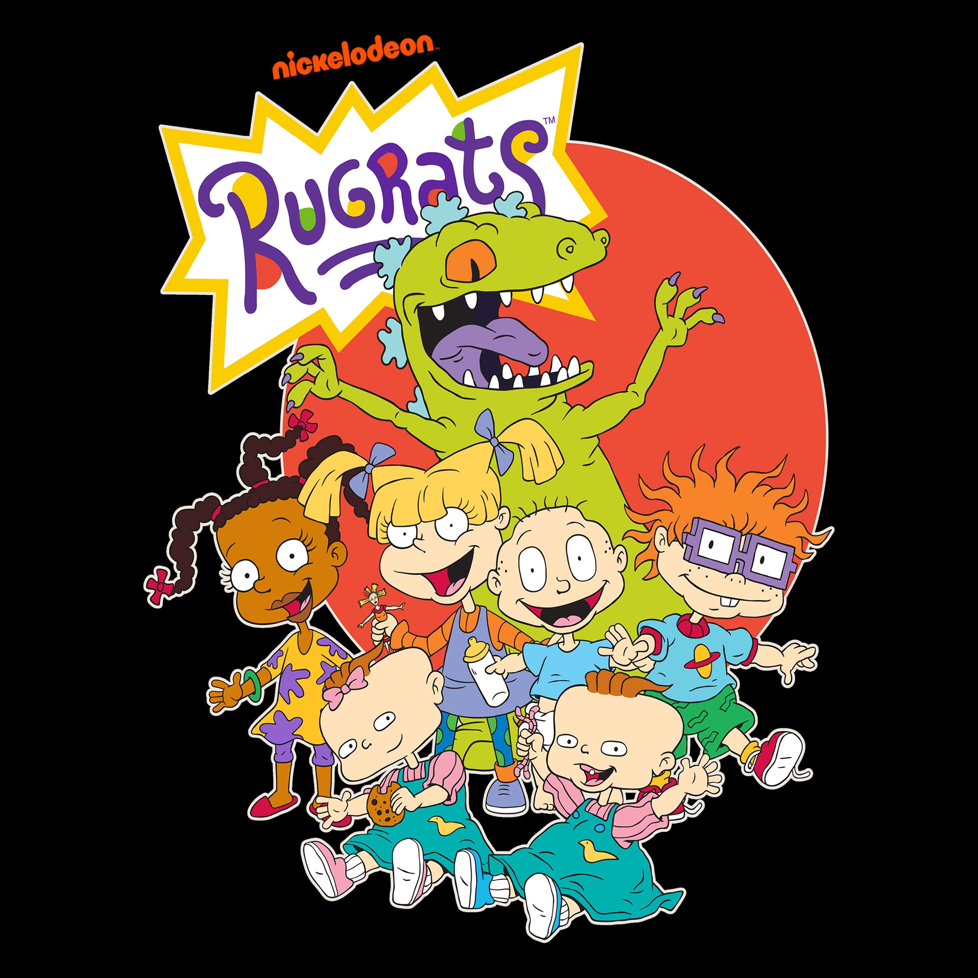 image on shirt: reptar behind all the rugrats babies. susie, angelica, tommy, chuckie, lil, phil. rugrats logo behind them. text: nickelodeon rugrats