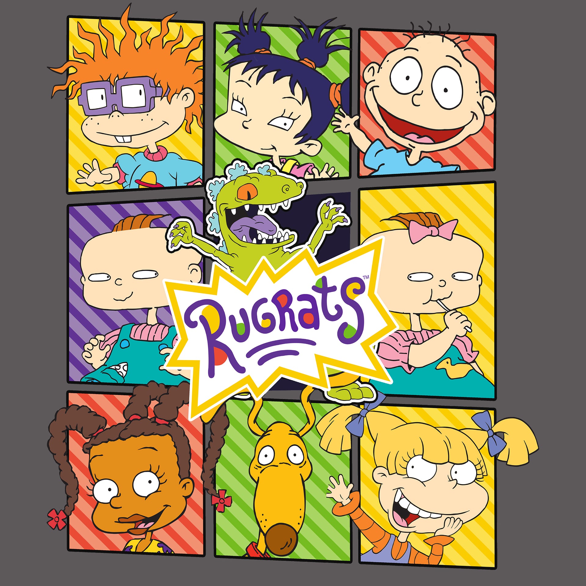 image on shirt. in checkered blocks. top left to right: chuckie, kimi, tommy, phil, reptar, lil, susie, spike, angelica. rugrats logo in middle. text: rugrats