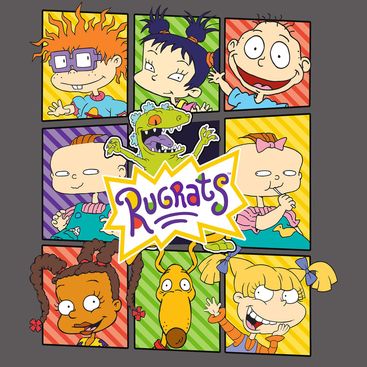 image on shirt. in checkered blocks. top left to right: chuckie, kimi, tommy, phil, reptar, lil, susie, spike, angelica. rugrats logo in middle. text: rugrats