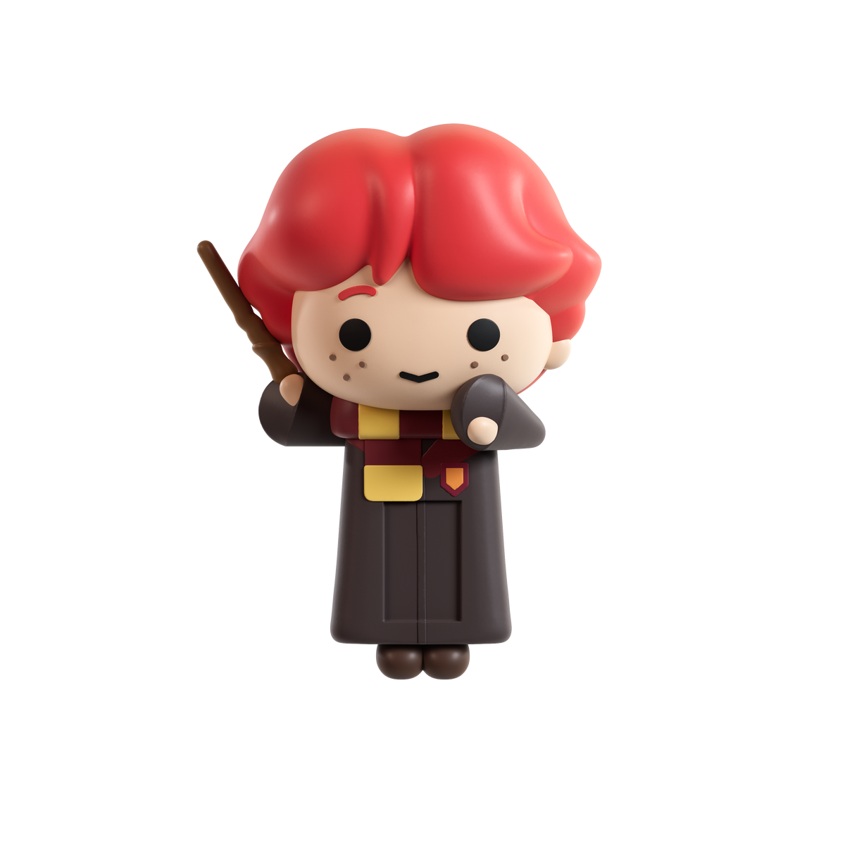 A stylized chibi figurine of a red hair wizard character with a brown robe, holding a wand isolated on a solid black background.