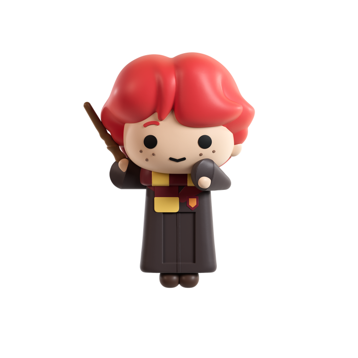 A stylized chibi figurine of a red hair wizard character with a brown robe, holding a wand isolated on a solid black background.