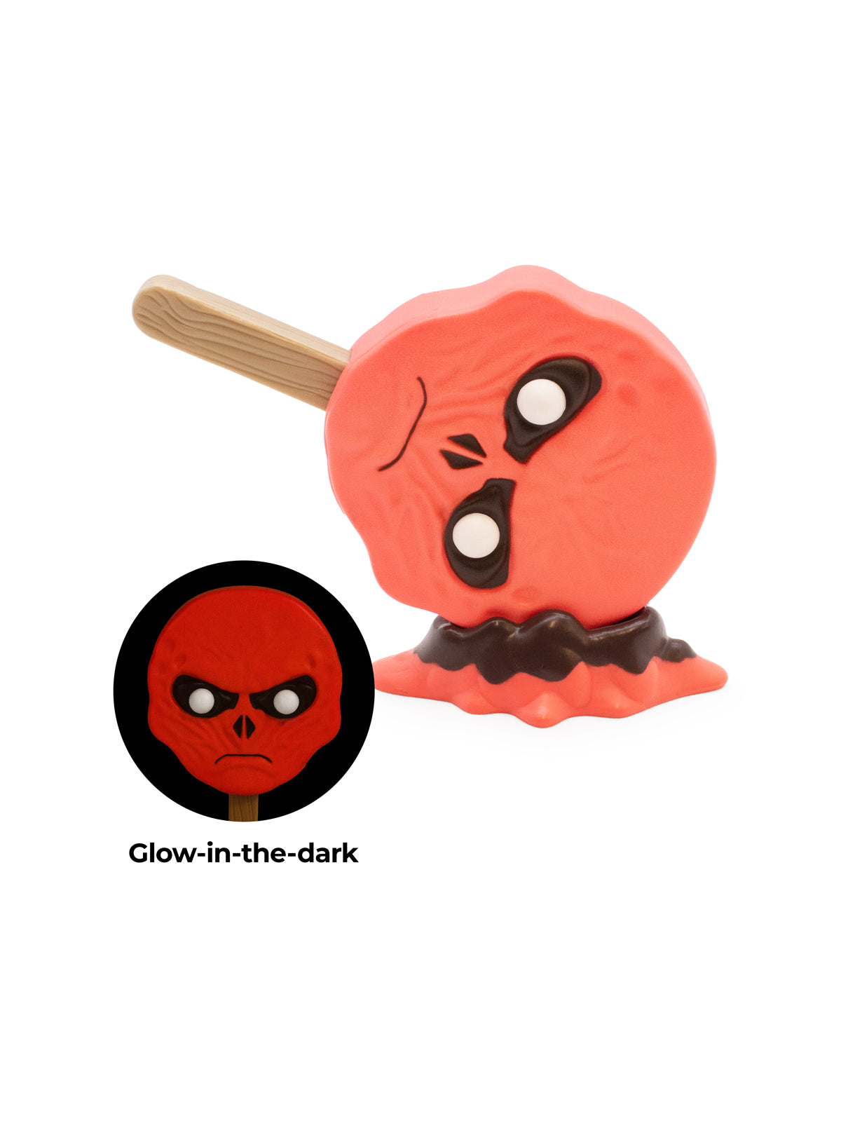 Glow-in-the-dark toy with a red face and stick on a white background
