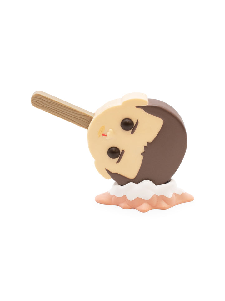 Ice cream toy shaped like eleven with a blood drip on face on a white background