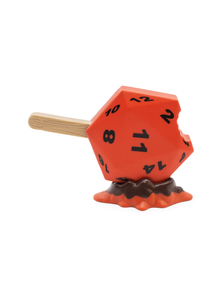 Orange polyhedral dice with black numbers on a white background