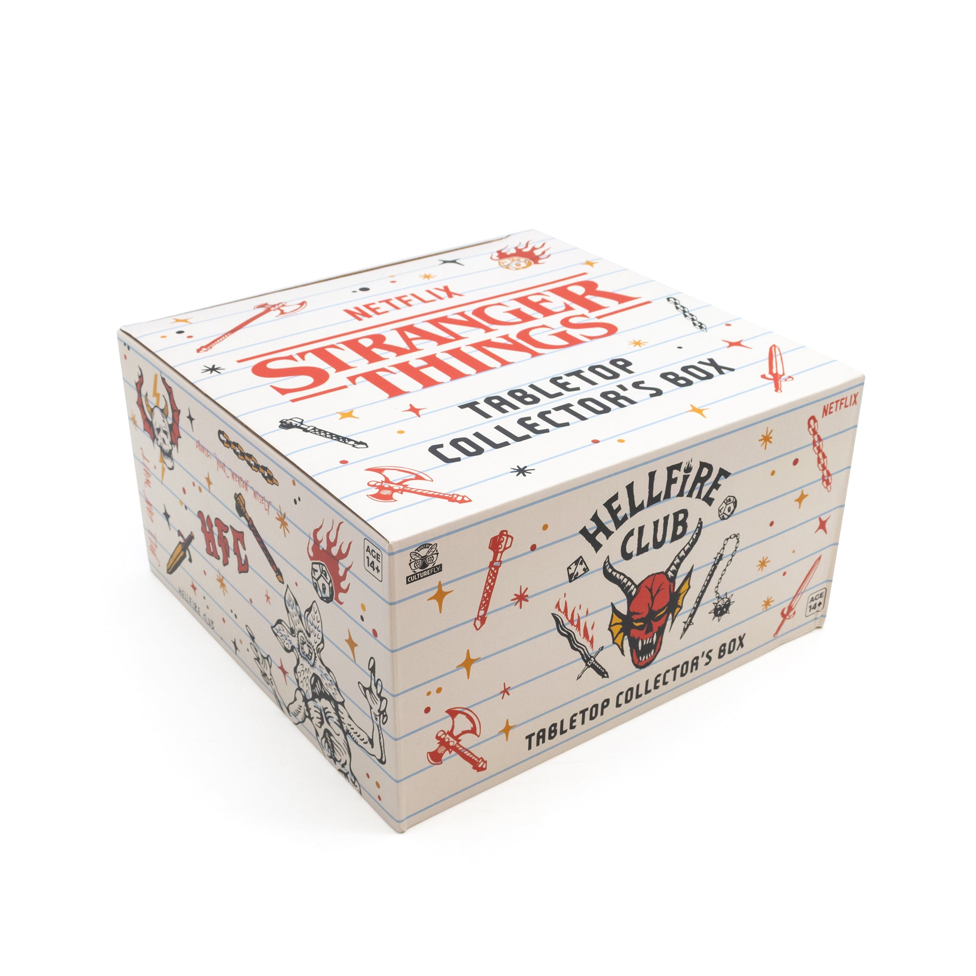 Tabletop collector's box for 'Stranger Things' with 'Hellfire Club' design on a white background