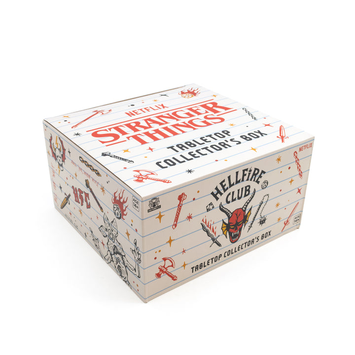 Tabletop collector's box for 'Stranger Things' with 'Hellfire Club' design on a white background