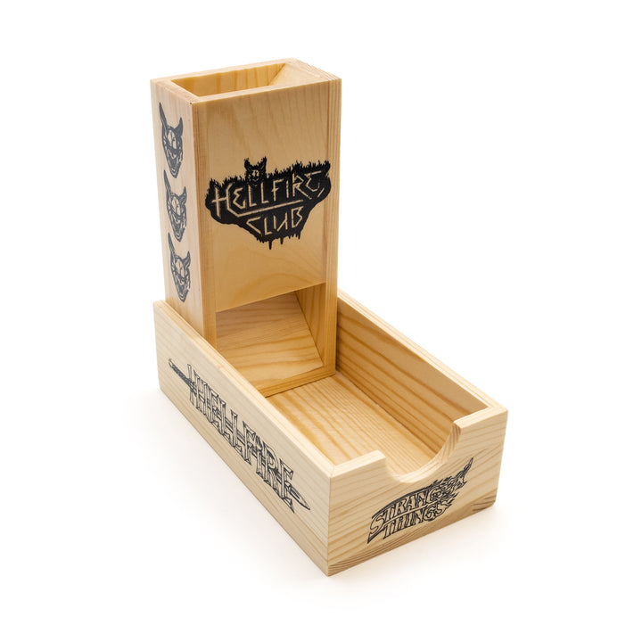 Wooden vape pen holder with 'Hellfire Vapes' branding on a white background