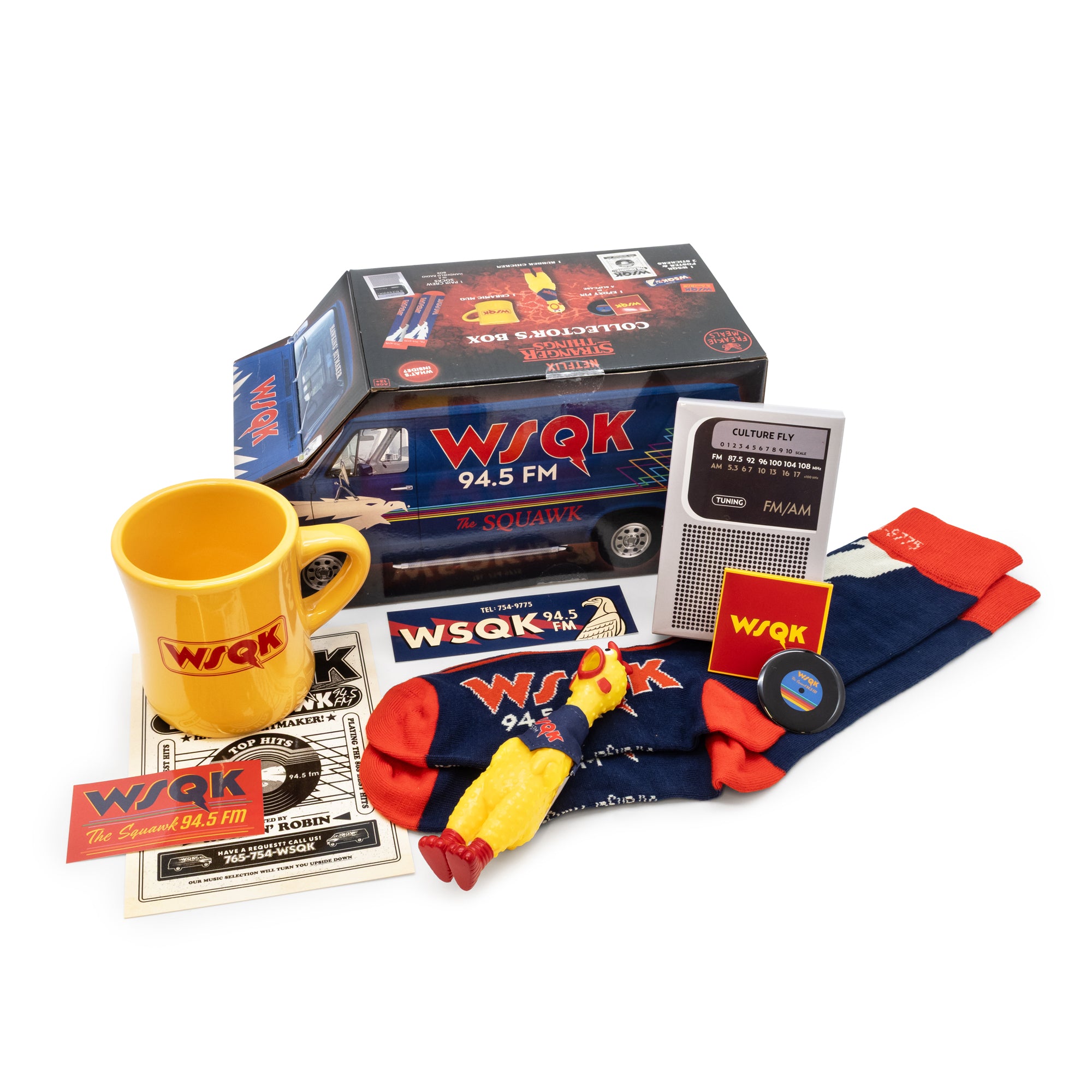 WSQK branded merchandise including a mug, socks, and other items on a white background