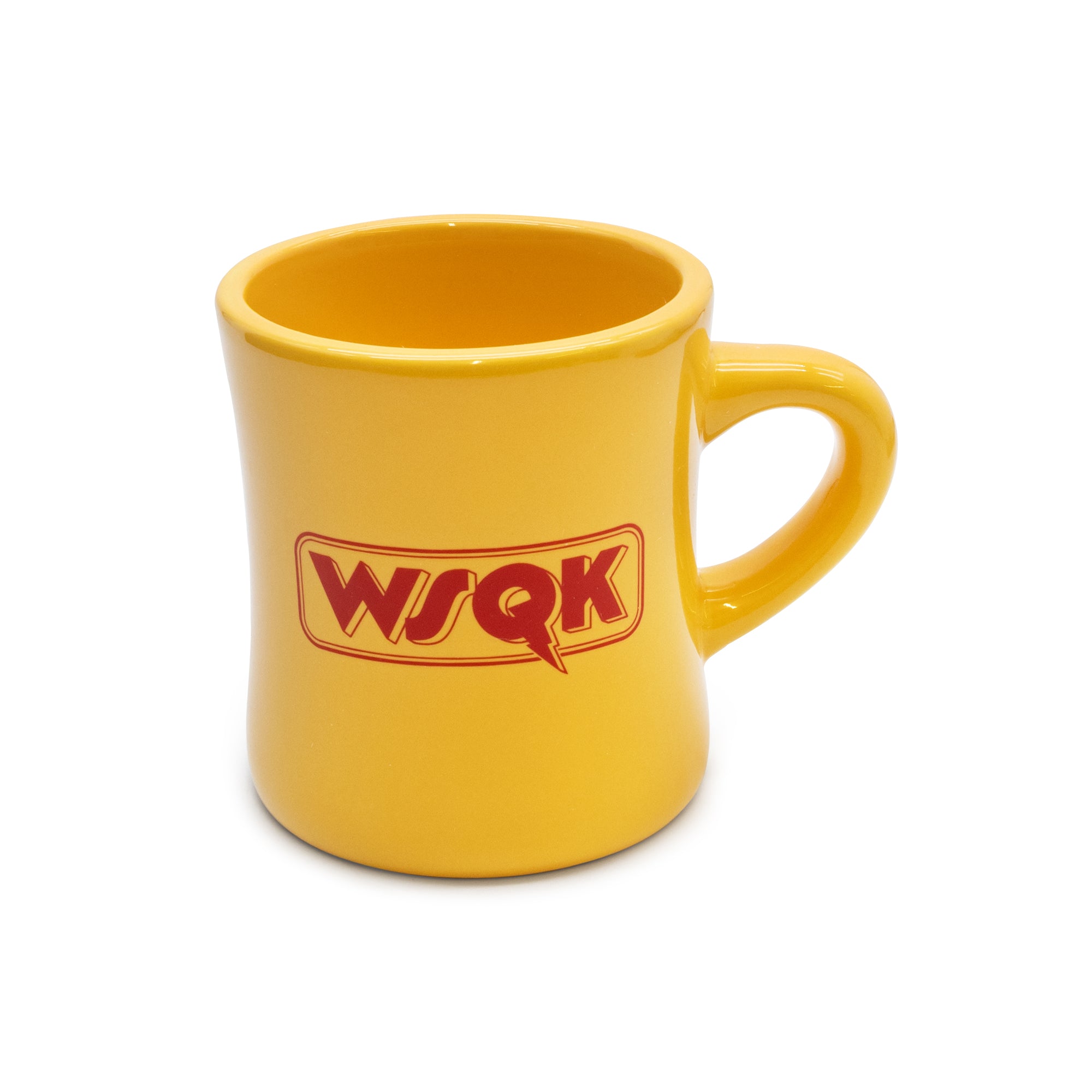 Yellow mug with red logo on a white background