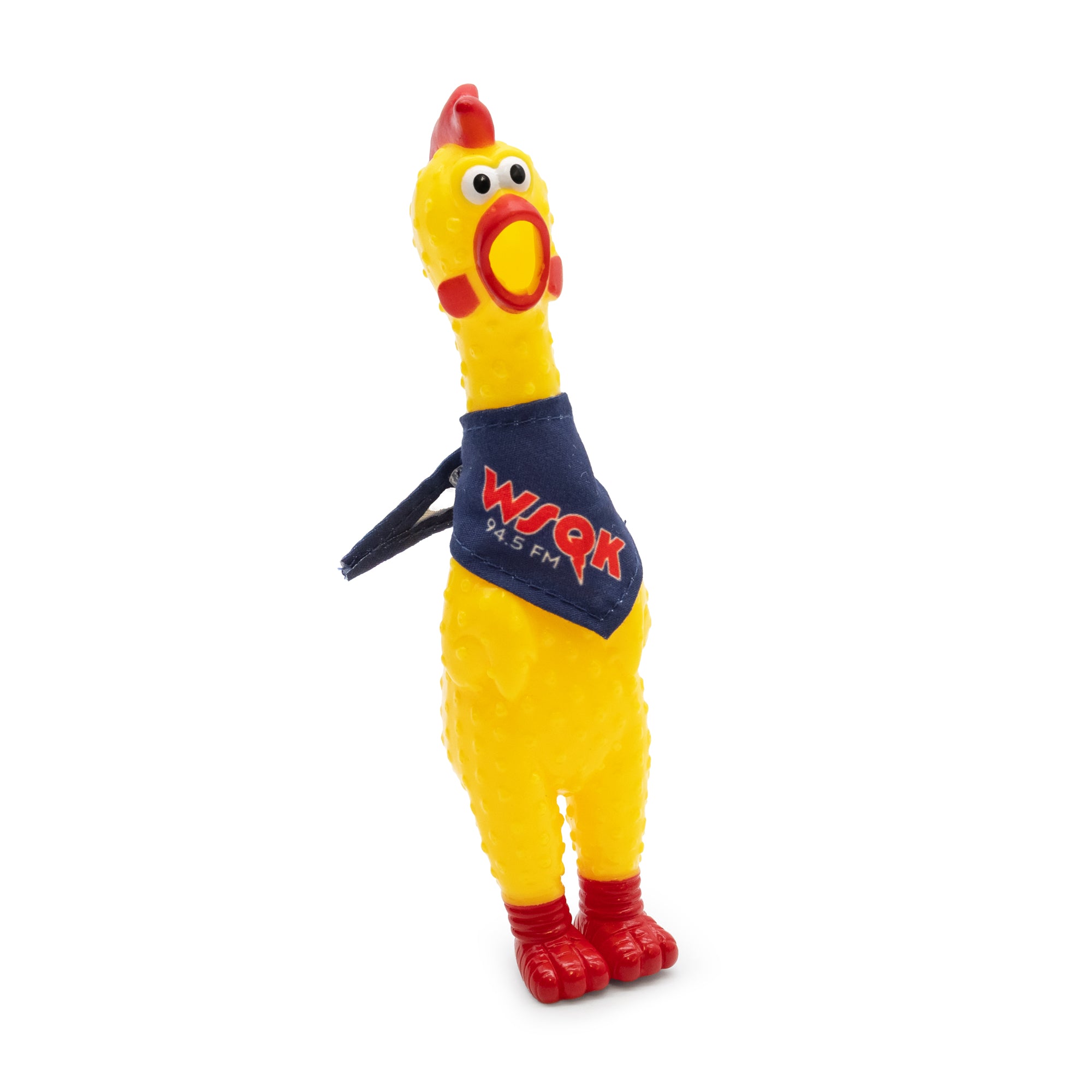 Toy chicken with a blue shirt displaying 'WSQK' on a white background