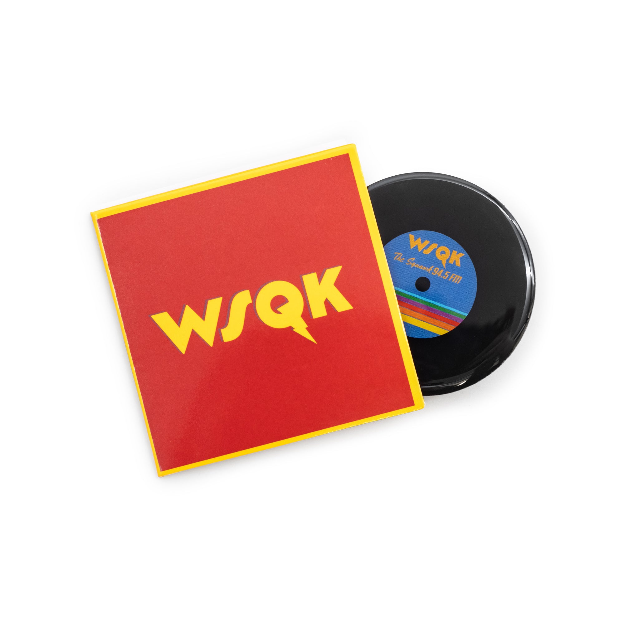 Vinyl record with a red cover displaying 'WSQK' on a white background