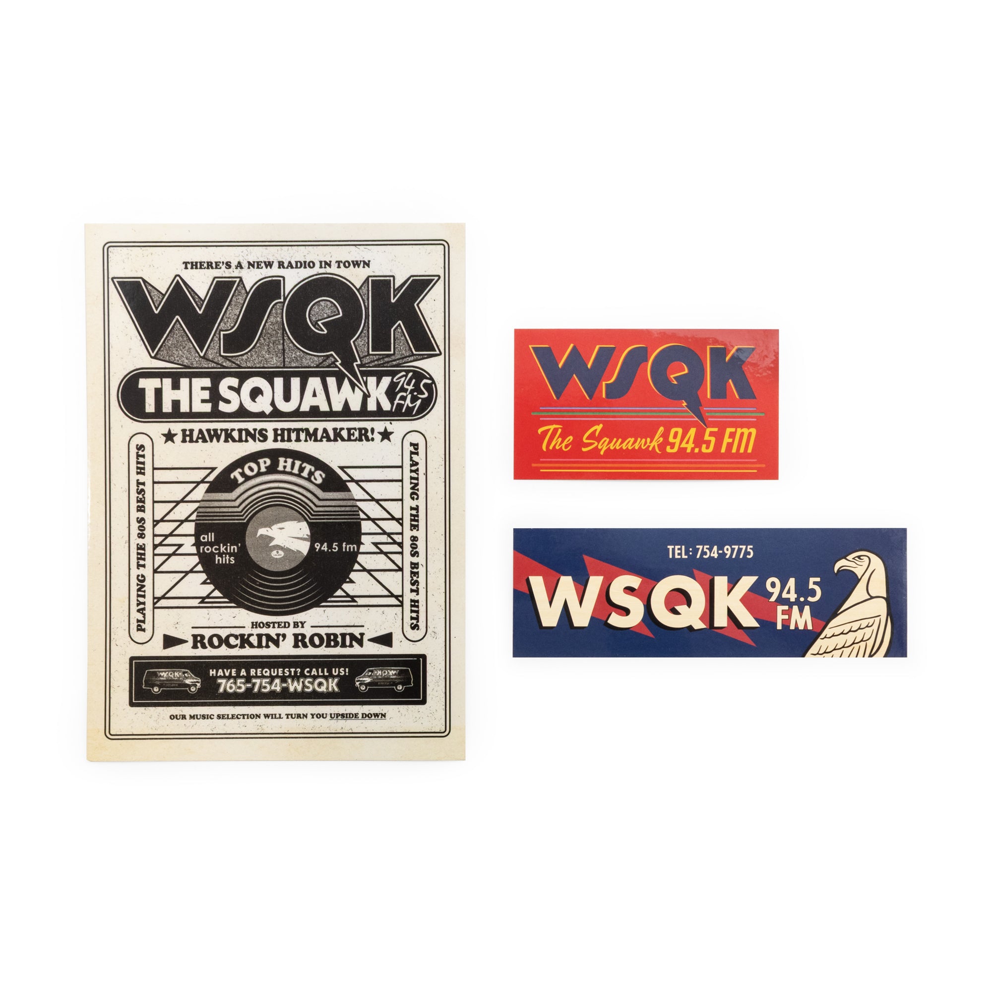 Set of radio station WSQK branded graphics including a poster and two stickers on a white background.
