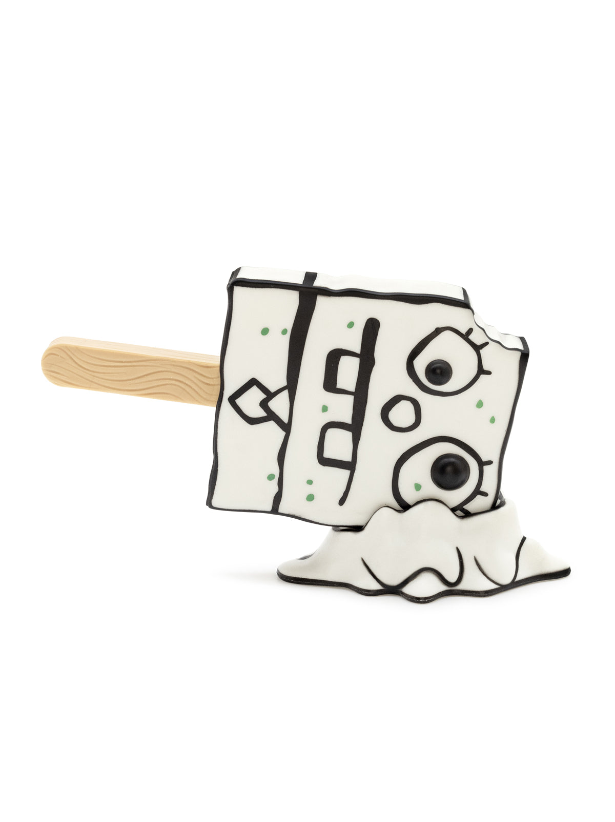 Cartoon-style ice cream with a face on a white background