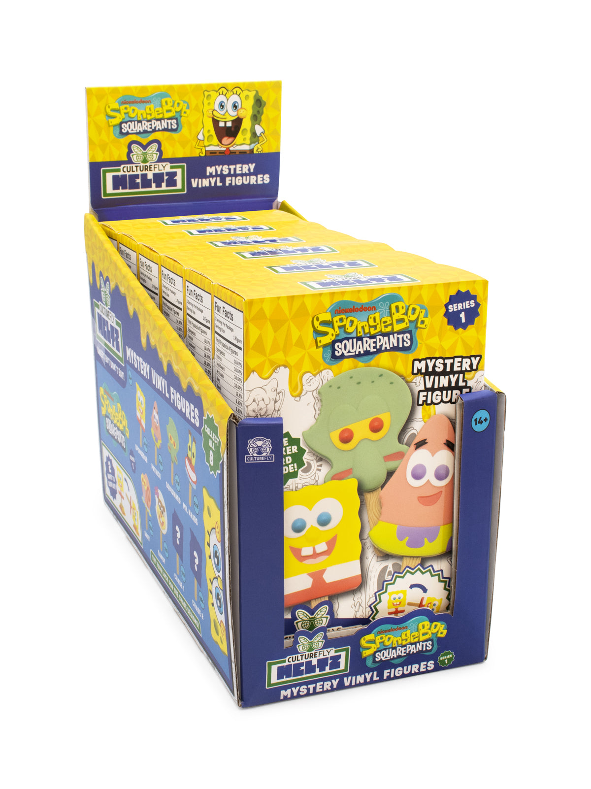 Box of SpongeBob SquarePants mystery vinyl figures with characters on a white background