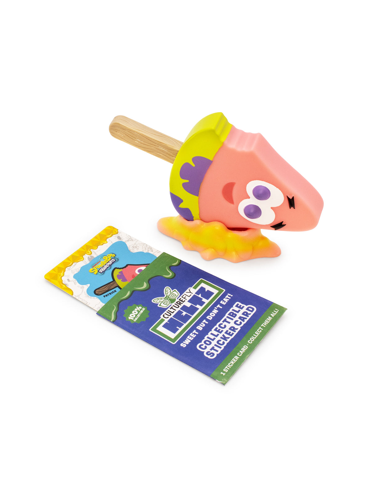 Colorful patrick star ice cream toy with a packaging label on a white background