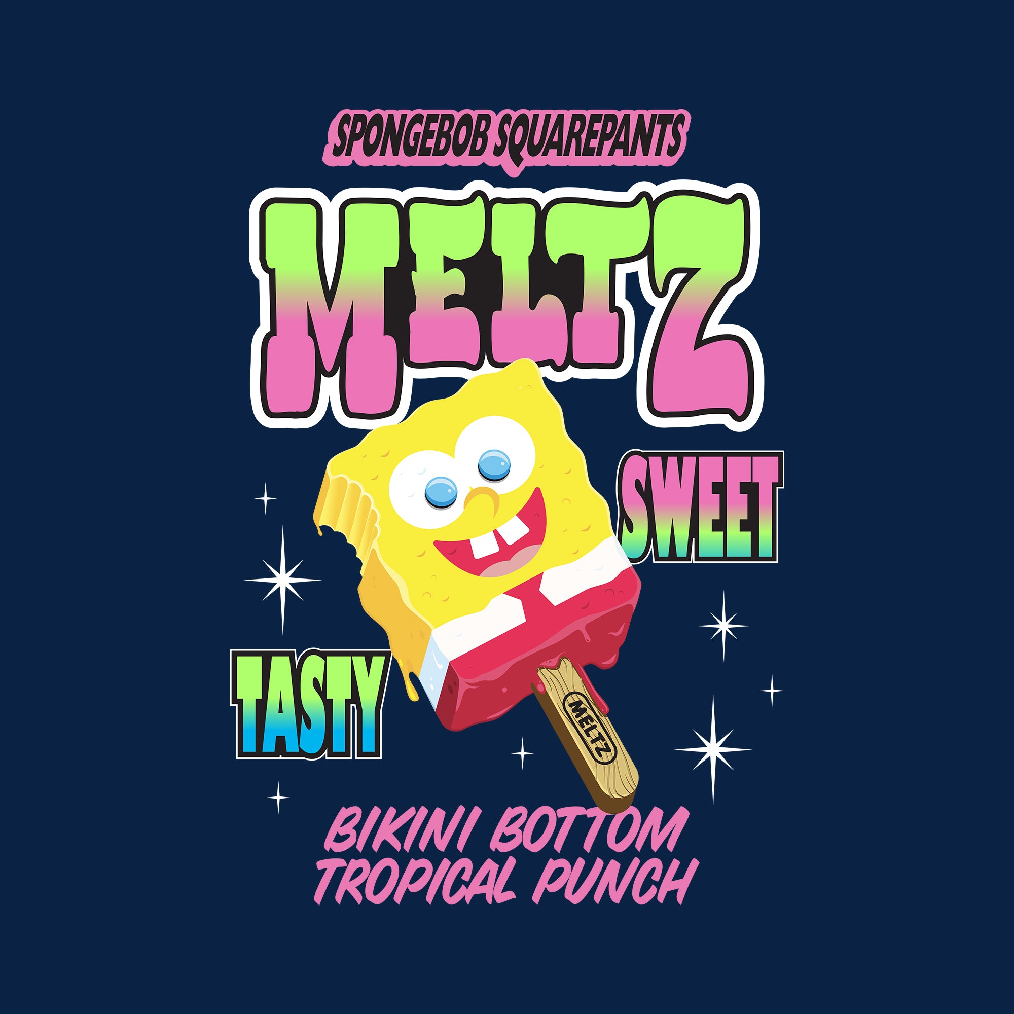 image on shirt: spongebob melting popsicle. text: spongebob squarepants. meltz. tasty. sweet. bikini bottom tropical punch.