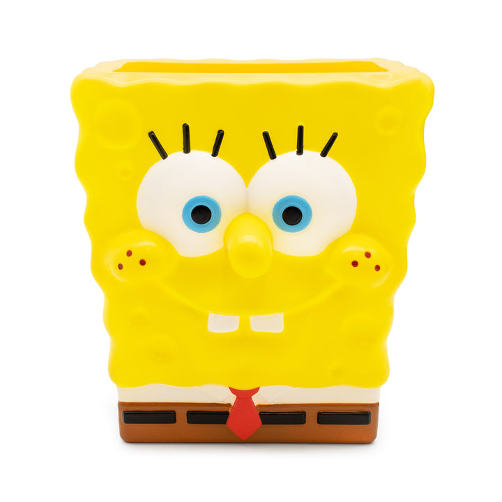 Yellow sponge character with a happy expression on a white background