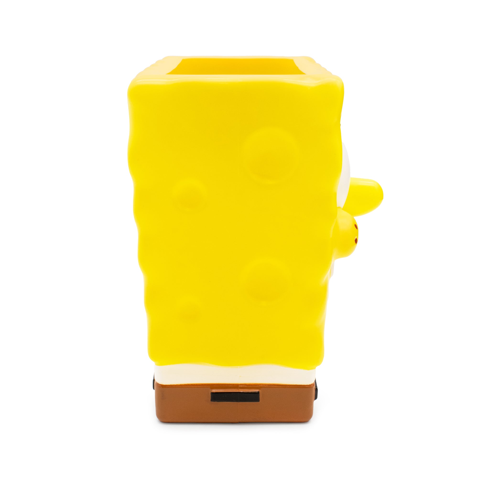 Yellow rectangular object with a brown base on a white background
