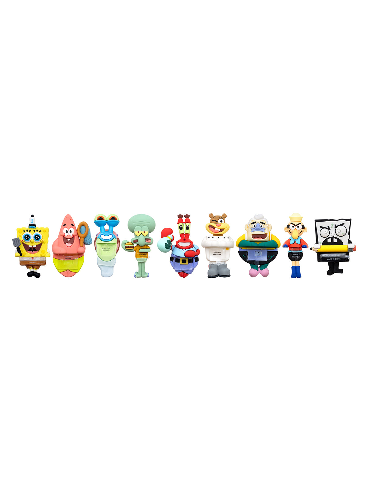 A row of nine SpongeBob SquarePants character figurines lined up horizontally against a plain white background.