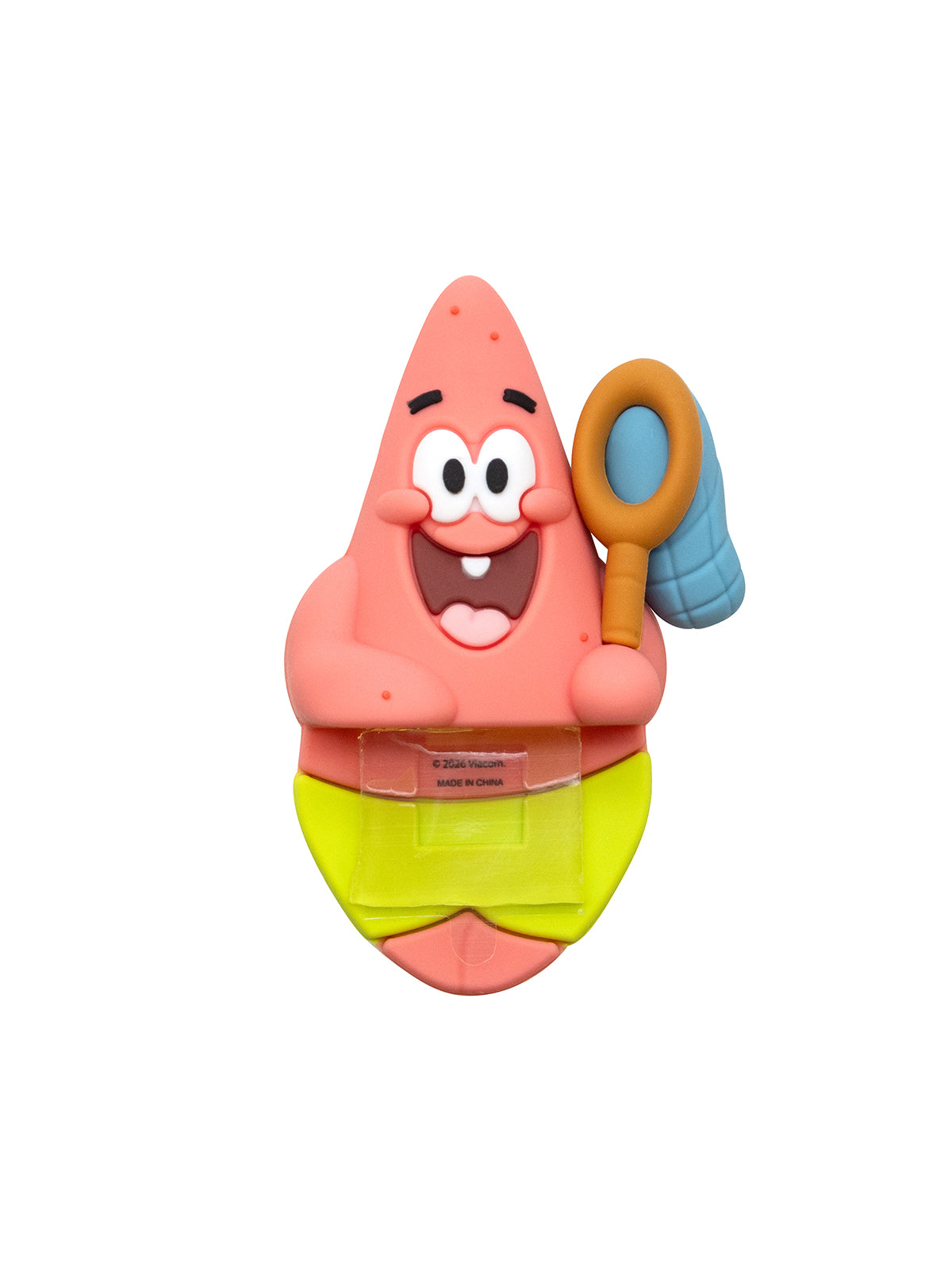 A Patrick Star-shaped toy featuring a pink body, yellow shorts, and jellyfish net, isolated on a white background.