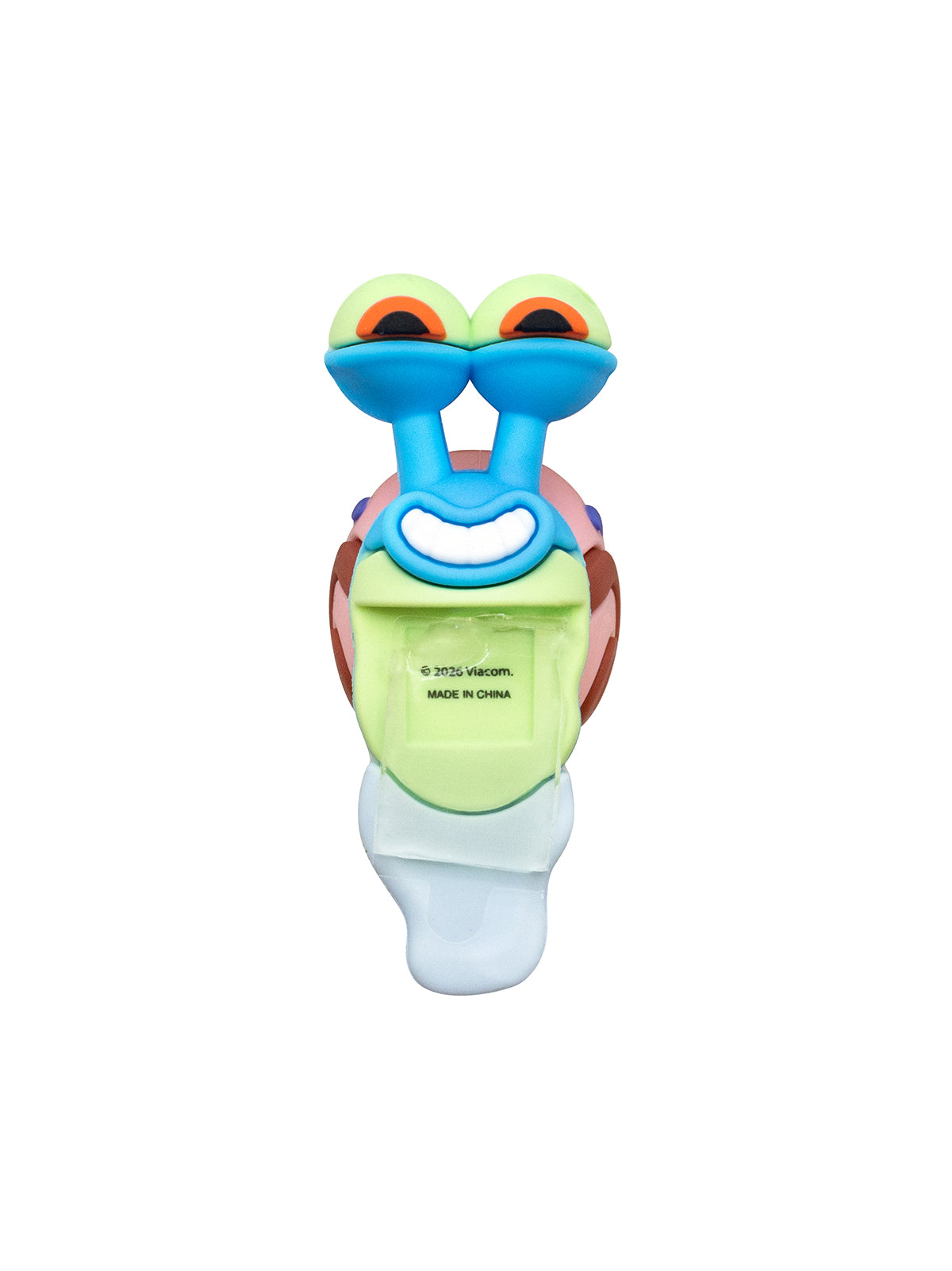 A colorful snail-shaped figure with a light green body, blue antennae, pink shell, and large cartoon eyes, shown on a plain white background.