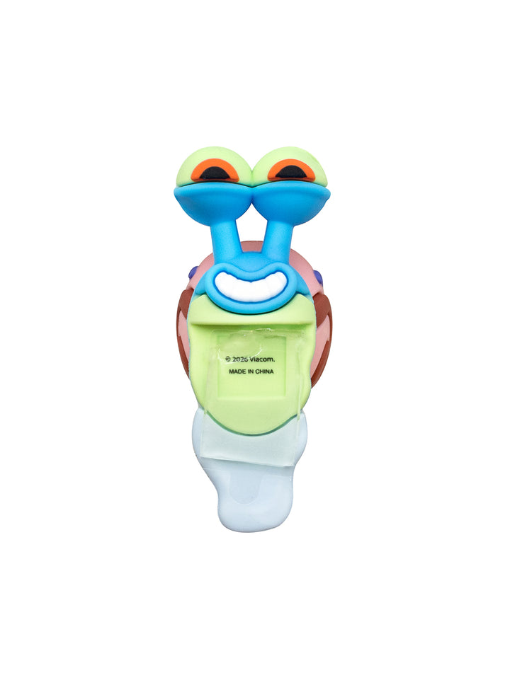 A colorful snail-shaped figure with a light green body, blue antennae, pink shell, and large cartoon eyes, shown on a plain white background.