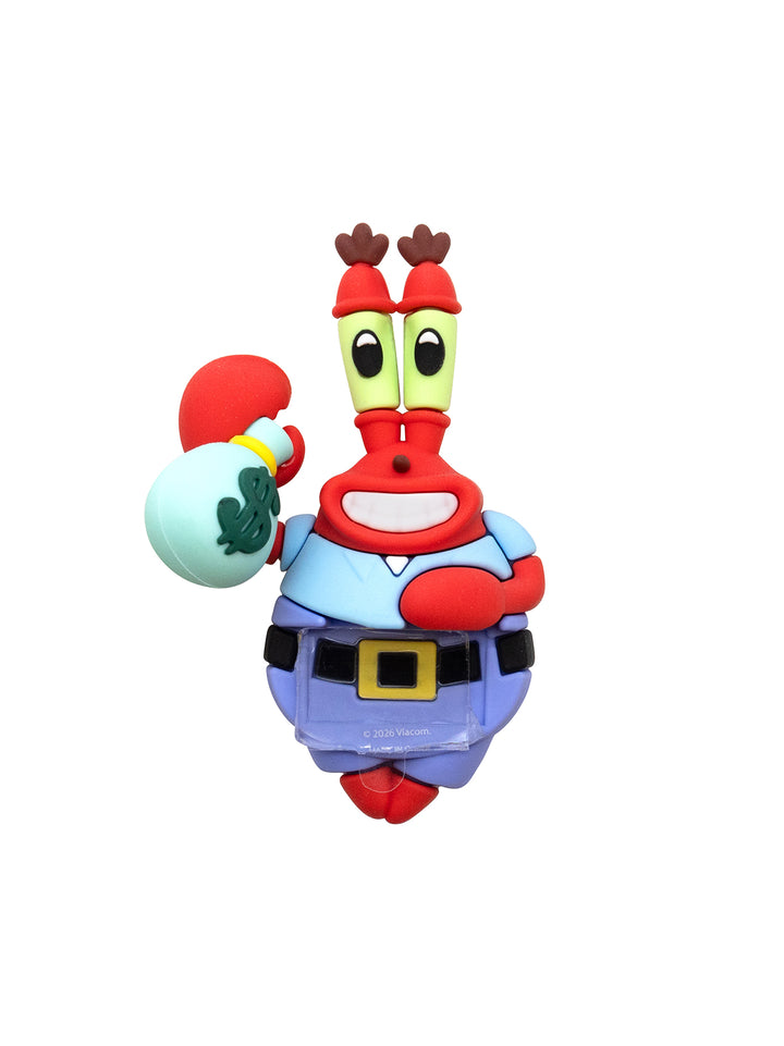 A figurine of mr.krabs holding a sack with a dollar sign, on a plain white background.