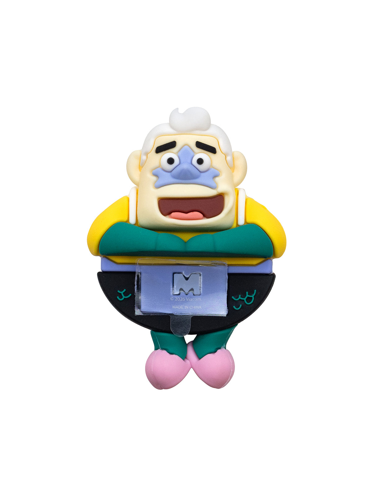 A small collectible figurine of a cartoon character with white hair, a blue starfish nose, a yellow and teal top, black pants, and pink shoes, isolated on a white background.