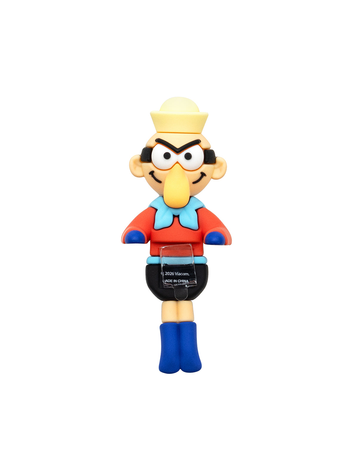 A small collectible figurine of a cartoon character  featuring a yellow hat, red top, light blue collar, black shorts, and blue boots, isolated on a white background.