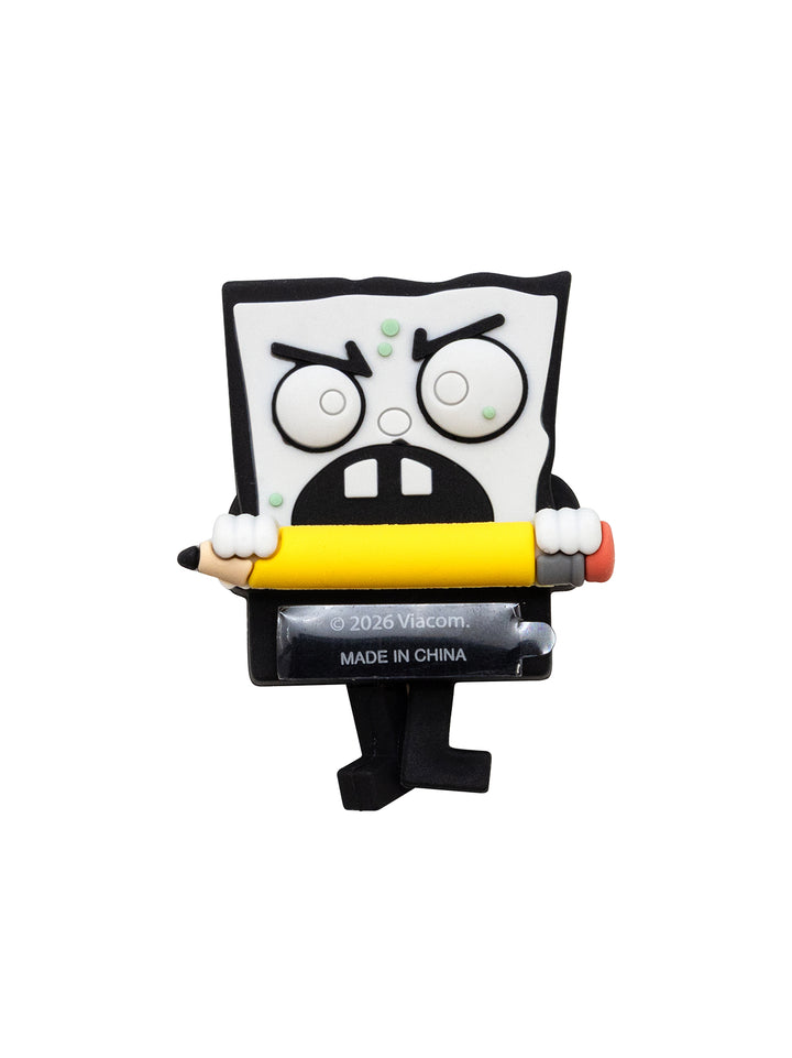 A cartoon-style figurine of a square-faced character with an angry expression, holding a large yellow pencil, on a plain white background. 
