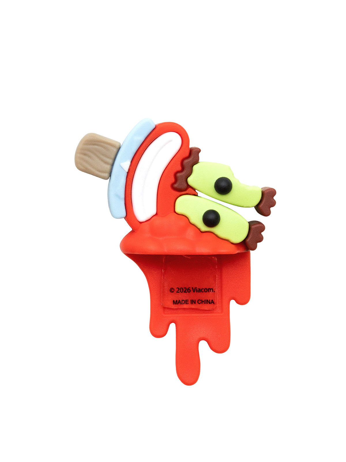A novelty figure product featuring a melting red ice cream design for mr. krabs from spongebob with black eyes, brown eyelashes, a white and light pants, and a beige stick, shown on a plain white background.