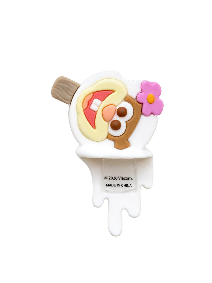 A melting popsicle-shaped product on a solid white background. The design features a white base with a brown handle, decorated with a cartoon squirrel face wearing a pink flower and a red-and-white flower