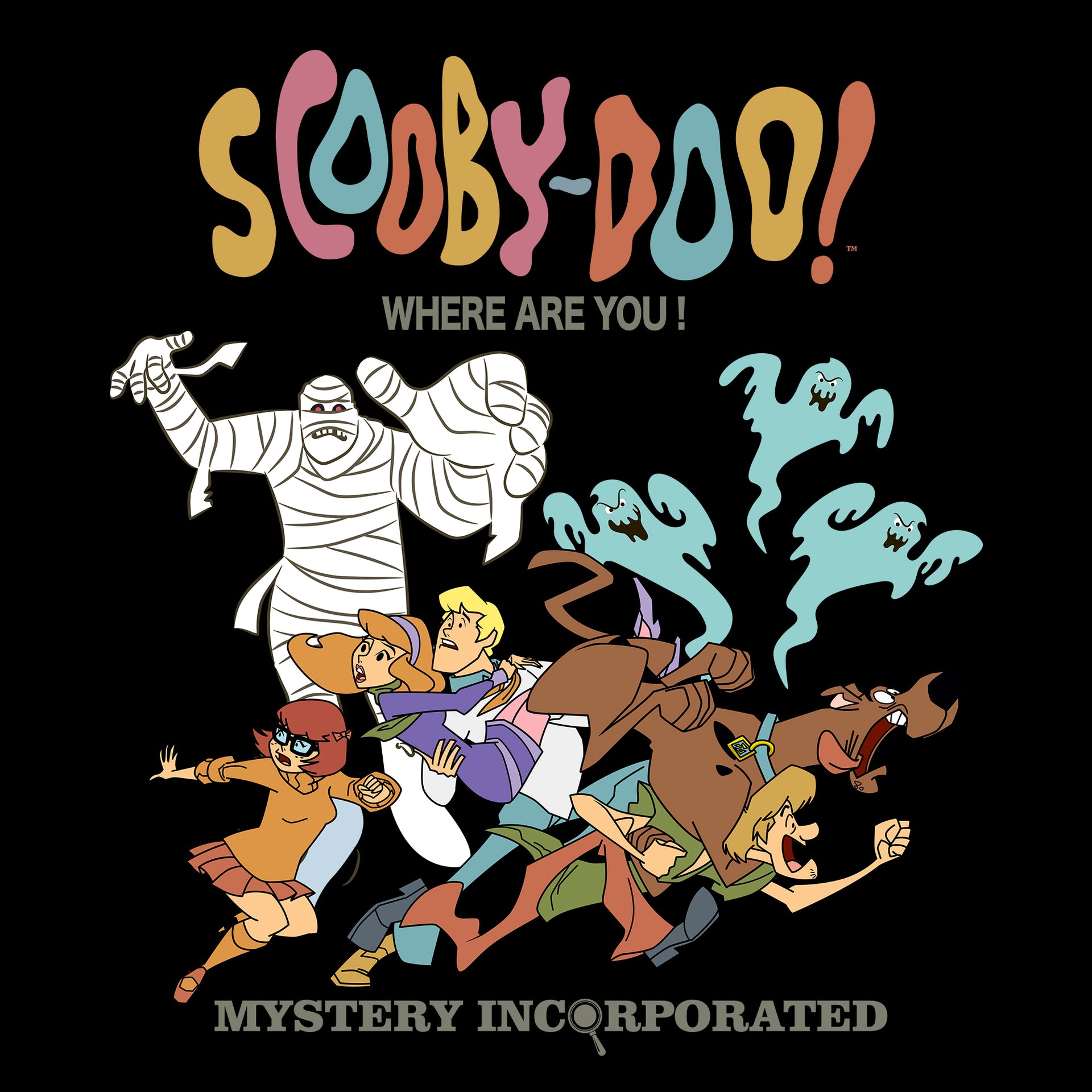 image on shirt: mummy and ghosts chasing velma, daphne, fred, scooby, and shaggy. text: scooby-doo! where are you! mystery incorporated