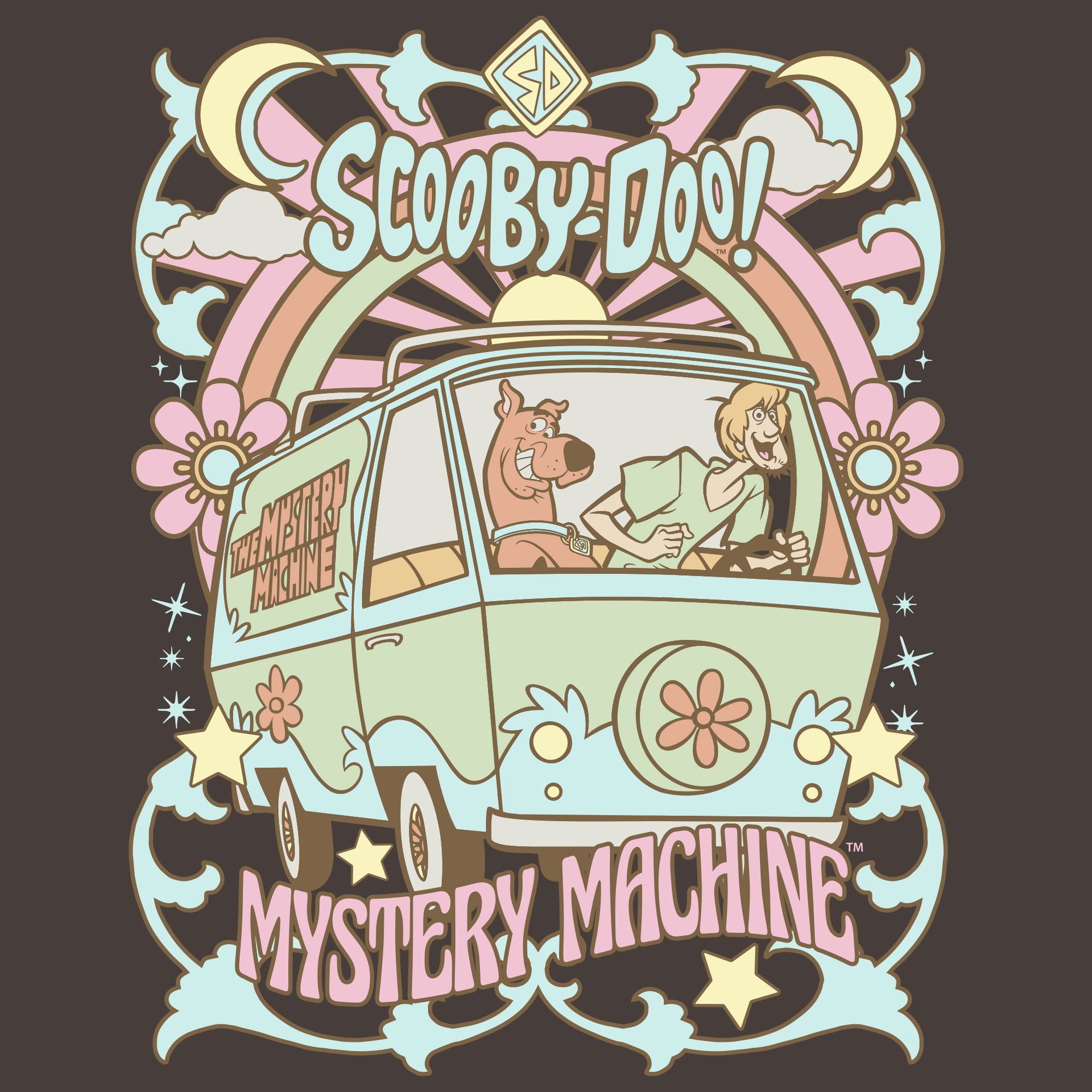 image on shirt: scooby and shaggy driving in mystery machine van. flowers, stars, moons, and sparkles in background. text: scooby-doo! mystery machine